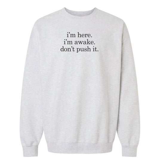 I'm Here I'm Awake Don't Push It Sweatshirt - Ash